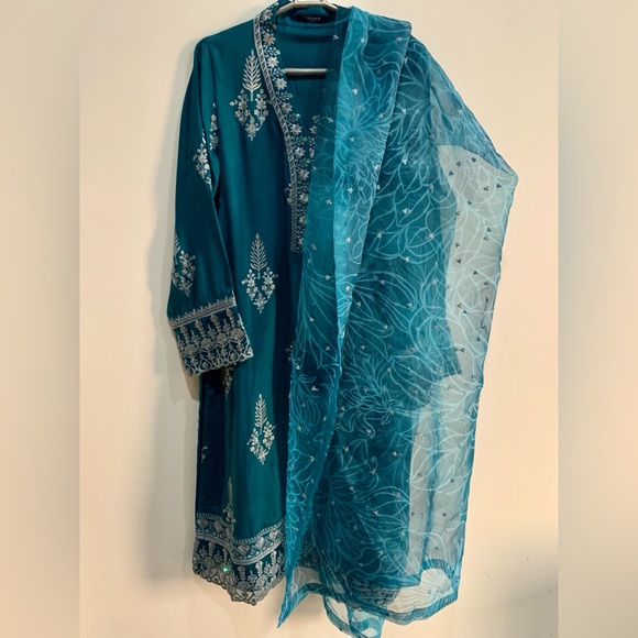 M. BASICS By MARIA. B. Elegant Teal Embroidered Suit - Picture 6 of 16